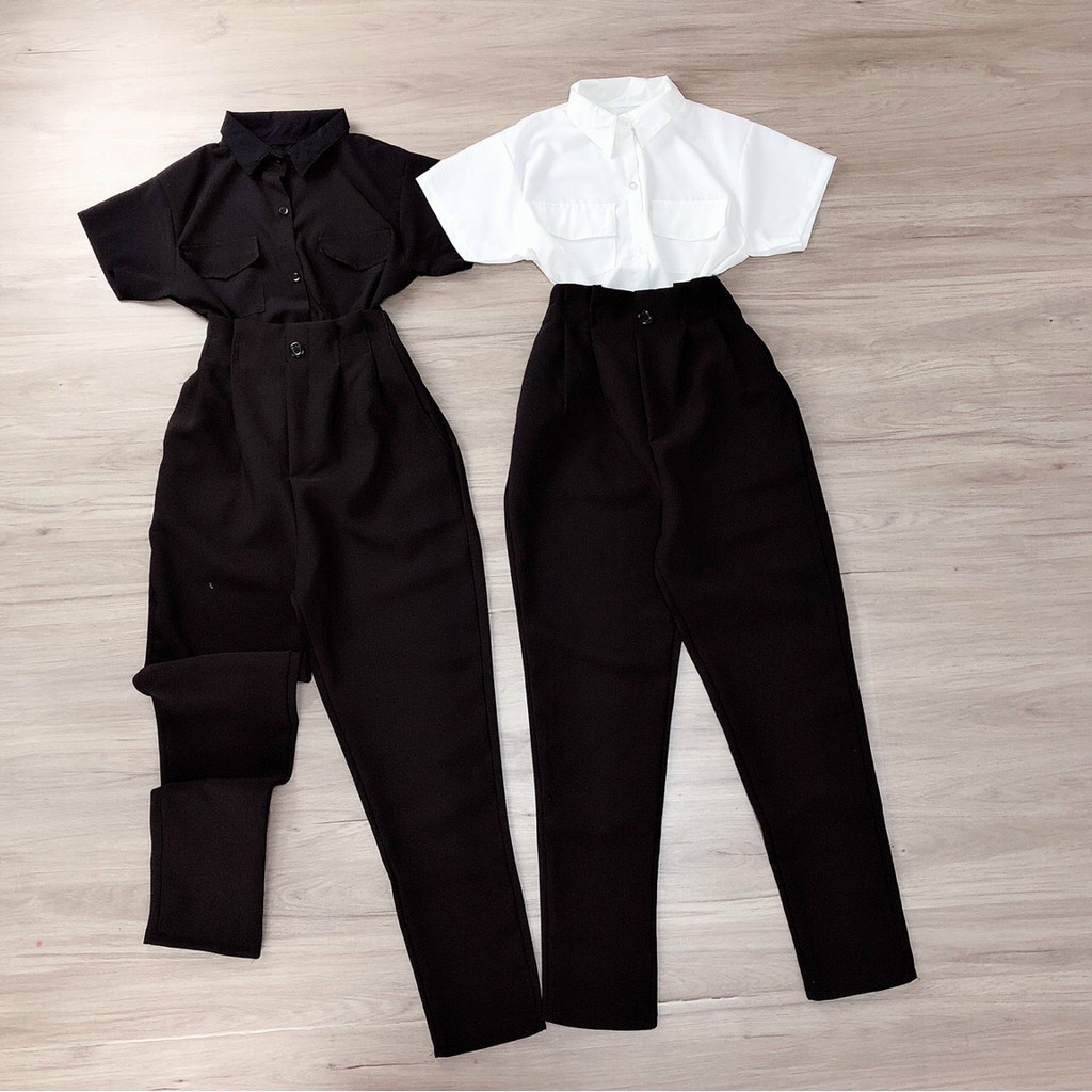 Set áo sơ mi túi nắp tay ngắn phối quần baggy tuyết mưa nhún eo dày dặn- giá siêu rẻ