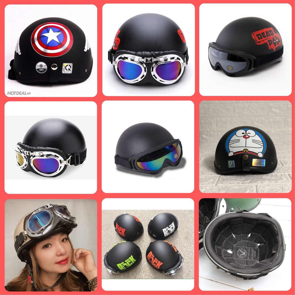 Mũ Bảo Hiểm nửa đầu 1/2 tem Rock, Captain, Đen Trơn, Iron Man_ Nón Bảo Hiểm Phượt Nửa Đầu thời trang