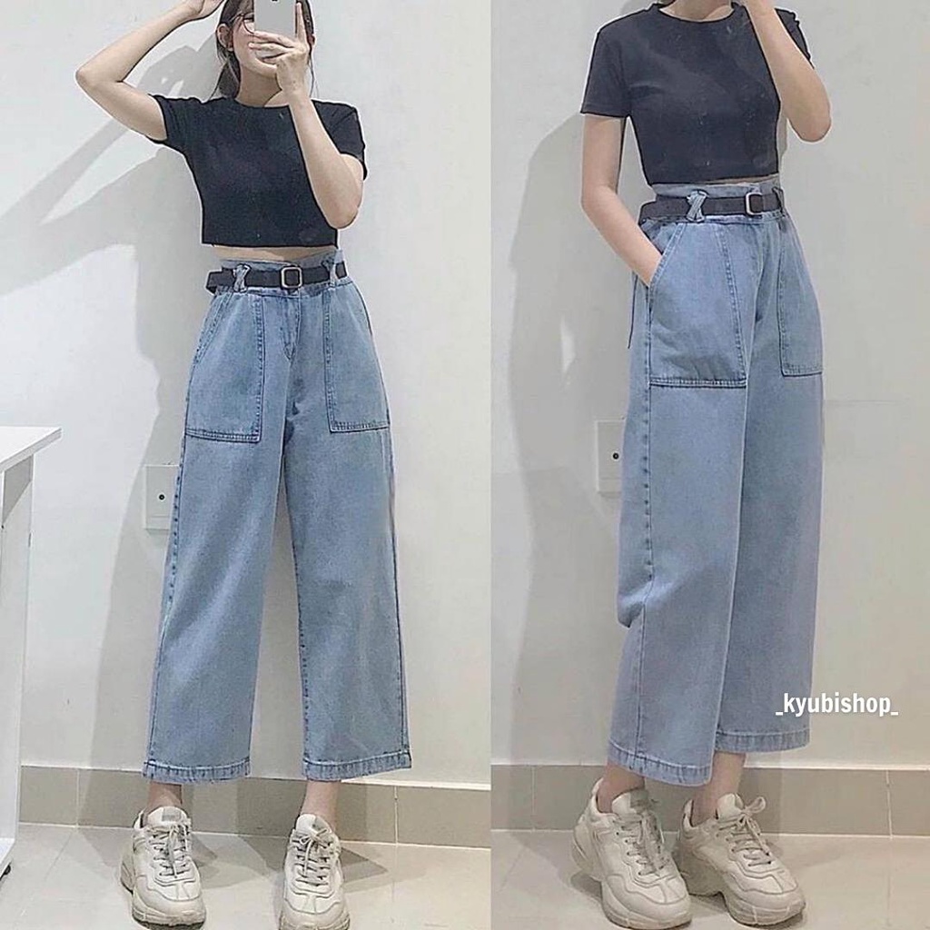 Quần Jean baggy nữ ống rộng suông Ulzzang Kyubi đai lưng cá tính [Có Bigsize, Nhiều Màu]- Jean cullote Kyubi BJR2XL