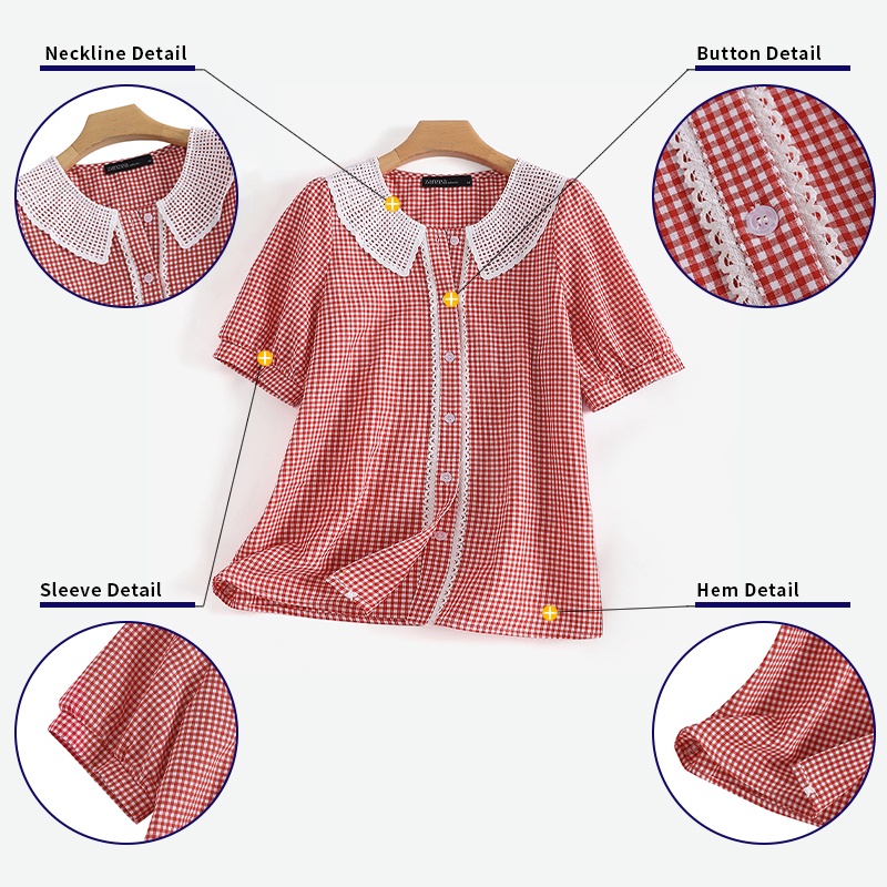 ZANZEA Women Sweet Plaid Doll Collar Stitching Lace Puff Short Sleeve Top