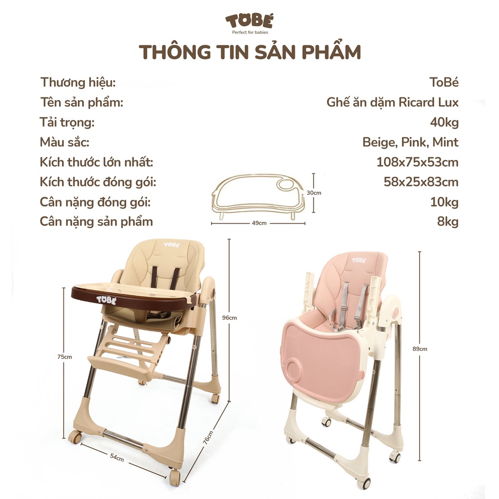 Ghế ăn dặm ToBé Ricard Lux phiên bản hiện đại siêu bền bỉ, nâng hạ độ cao dễ dàng an toàn tiện lợi cho bé