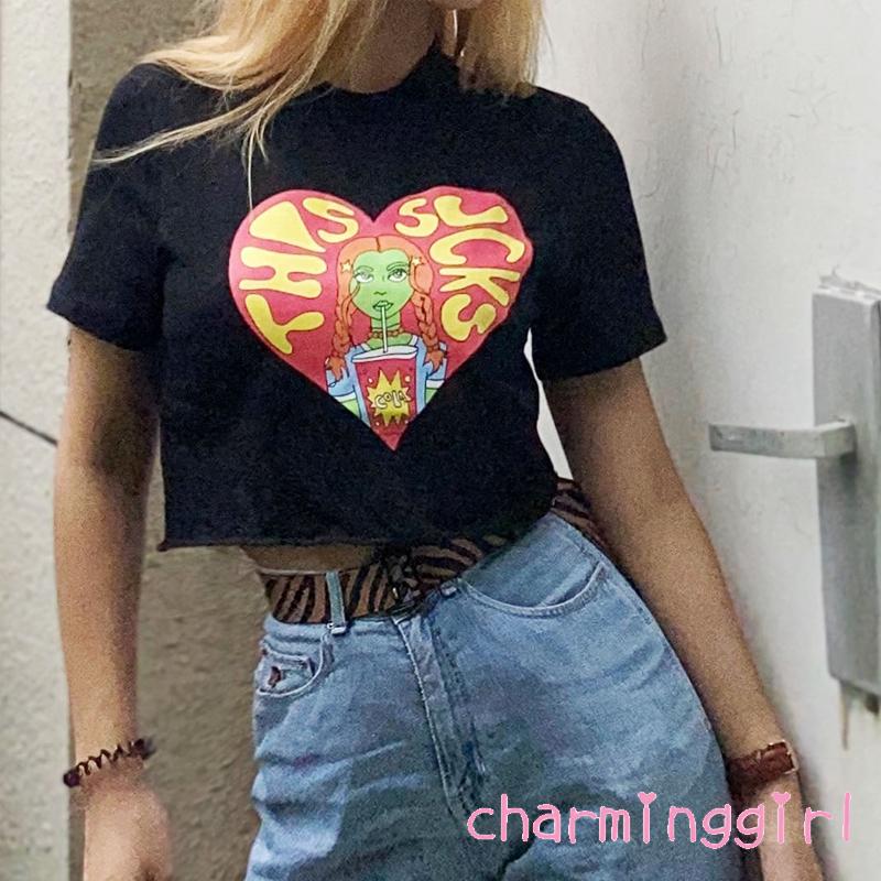 Áo thun nữ ngắn tay cổ tròn in hình hoạt hình