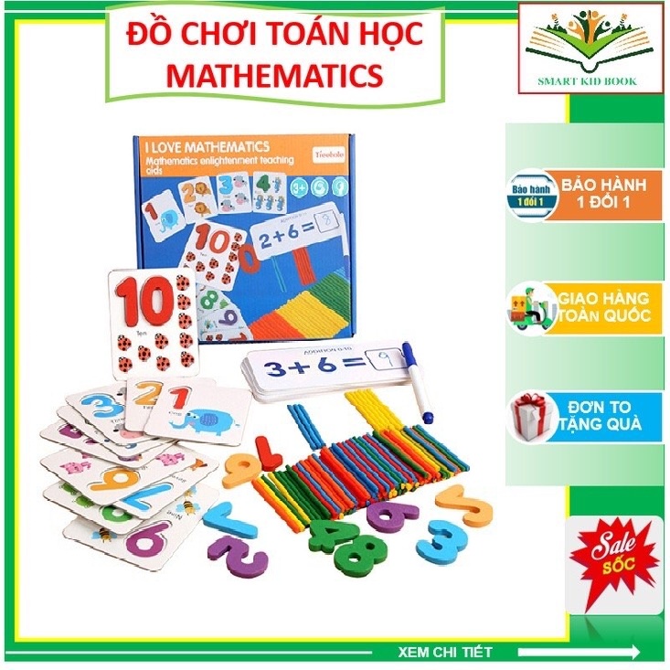 Đồ Chơi Toán Học Montessori - Bộ Thẻ Học Ghép Số Kèm Que Tính Giúp Bé Học Đếm,Tư Duy Thông Minh