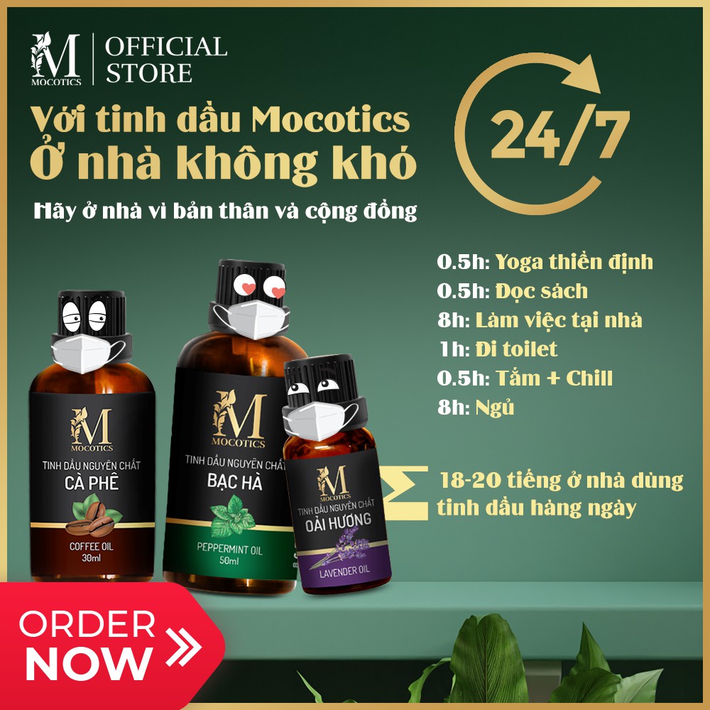 Tinh dầu thiên nhiên xông phòng, đuổi muỗi Mocotics: combo 3 loại tinh dầu cam ngọt + bạc hà + vỏ quế dung tích 10ml