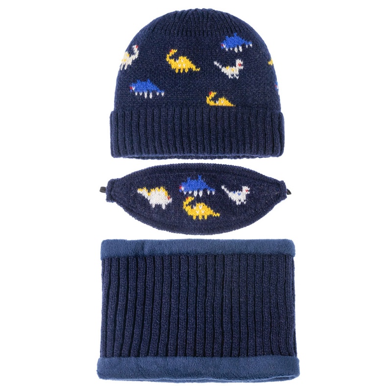 Bộ 3 Món Gồm Mũ beanie Dệt Kim Che Mặt Và Khăn Choàng Cổ Hình Khủng Long Giữ Ấm Mùa Đông Cho Bé