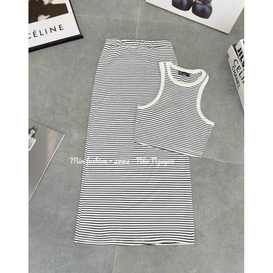 set bộ áo ba lỗ kẻ sọc croptop kèm chân váy dài kẻ sọc ngang chất gân mềm k