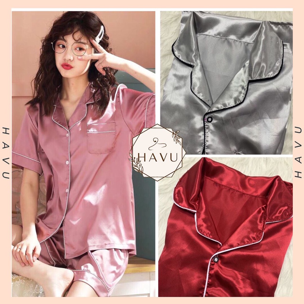 Bộ lụa phi cộc tay nữ - Set quần shorts đùi kèm áo thun ngắn, đồ ngủ pizama chạy viền trơn màu basic ulzzang HOT