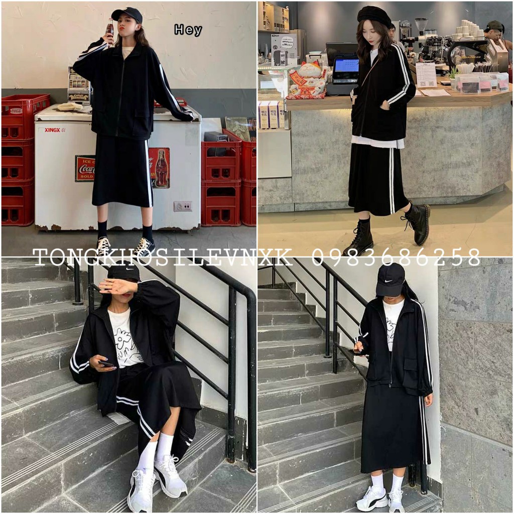 SET VÁY ÁO KHOÁC THỂ THAO 2 SỌC ULZZANG