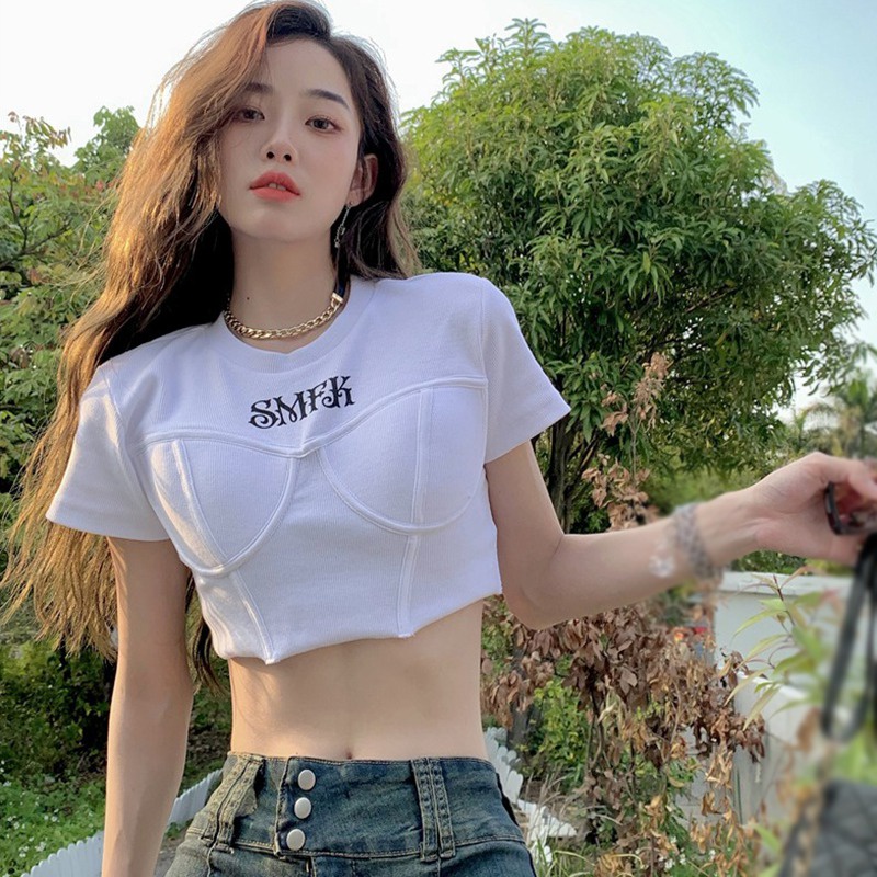 Áo Thun Croptop Tay Ngắn In Chữ Phong Cách Hàn Quốc Thời Trang Mùa Hè Quyến Rũ Cho Nữ