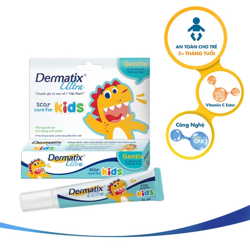 Gel Dermatix Ultra Kids giúp làm phẳng, mờ các vết sẹo trẻ em, té ngã, phẫu thuật, bỏng, côn trùng cắn cho bé từ 3 tháng