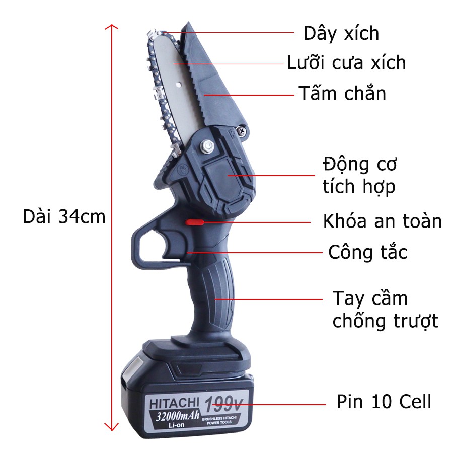 [BẢO HÀNH 12 THÁNG] Máy cưa xích cầm tay dùng pin Hitachi 199V, máy cưa mini thuận tiện - đa dụng - 2 Pin 10 Cell