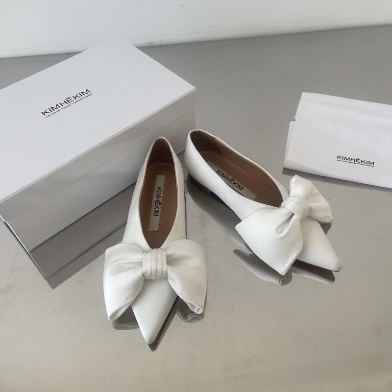 Giày búp bê mũi nhọn đính nơ bản to da thật cao cấp thương hiệu Kimhekim