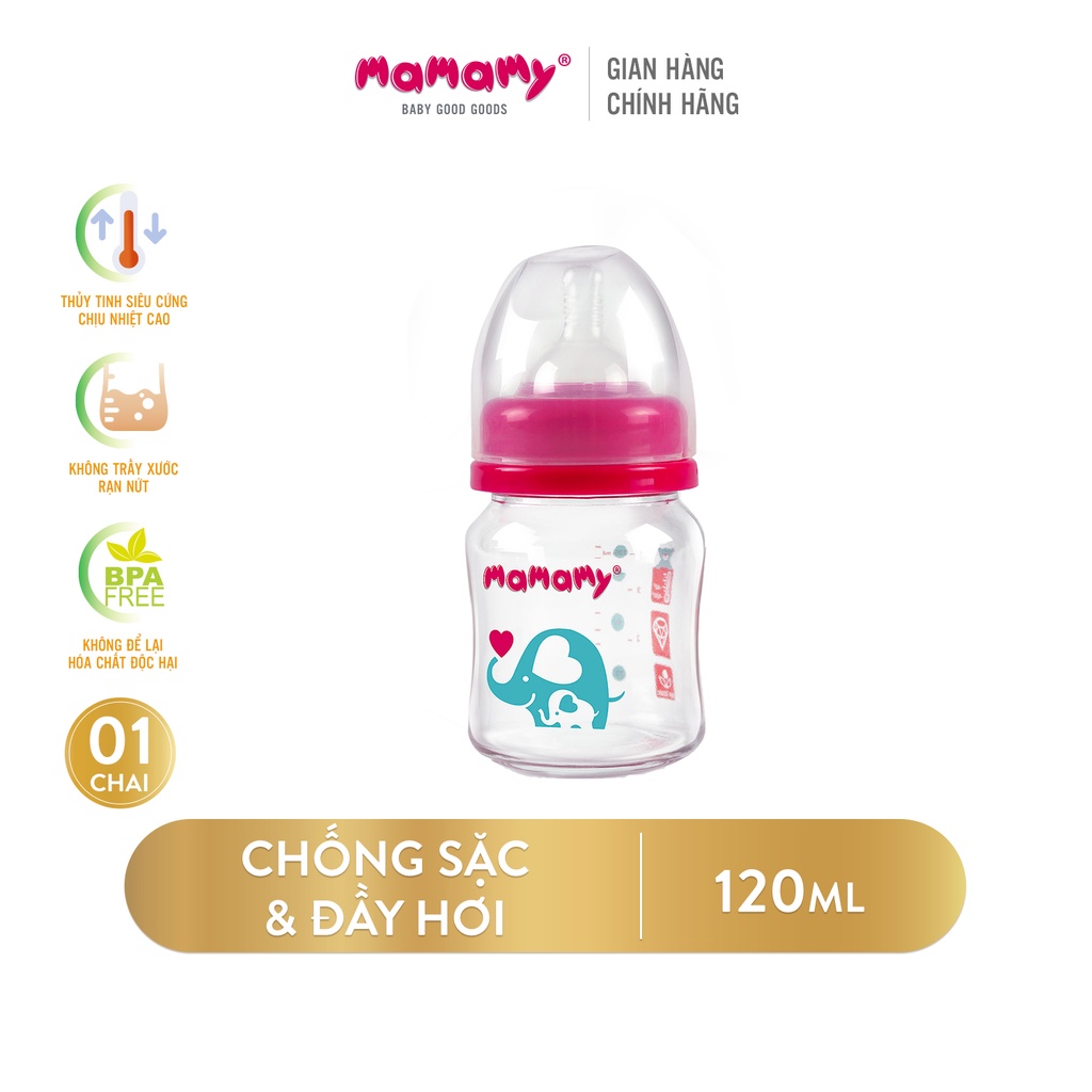 Bình sữa thủy tinh cổ rộng chống sặc, chống đầy hơi cho bé Mamamy 120ml