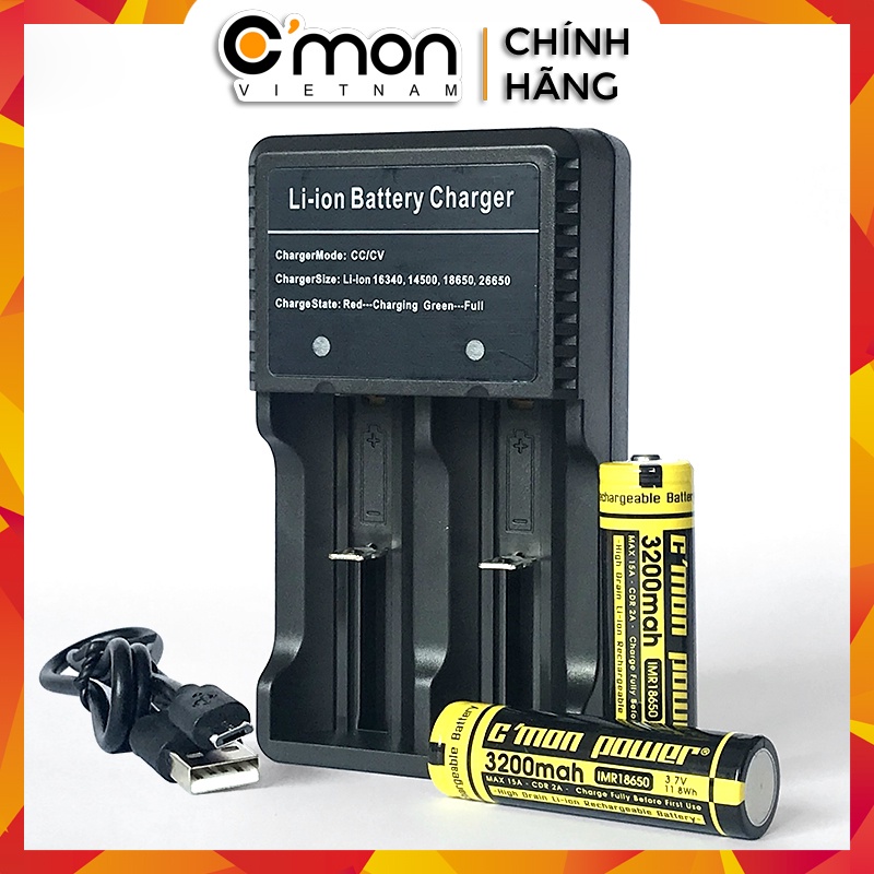 Bộ sạc nhanh 1A + 2 pin C'MON POWER IMR 18650 3200mAh 15A 3.7V (chuyên dùng cho đèn pin siêu sáng, V_A_P_E)