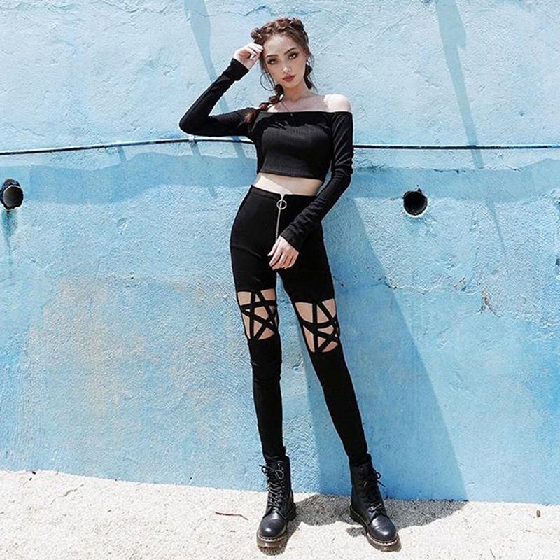 Quần legging khoét hình ngôi sao phong cách gothic cho nữ