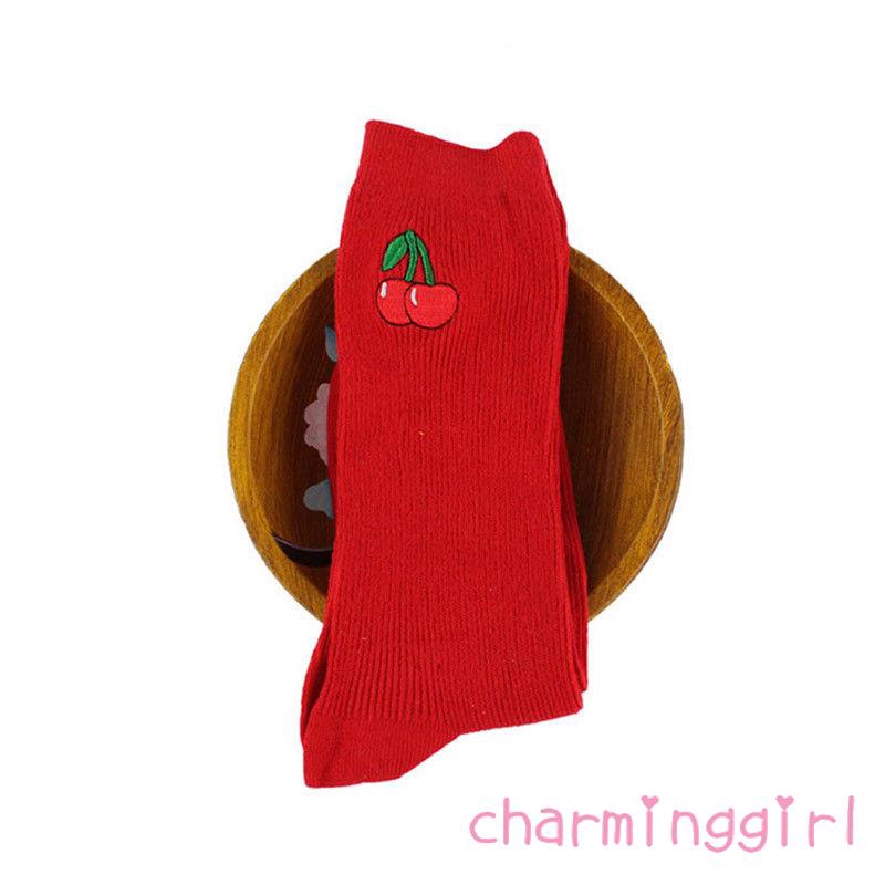 Vớ cotton thêu họa tiết trái cây hoạt hình xinh xắn cho nữ