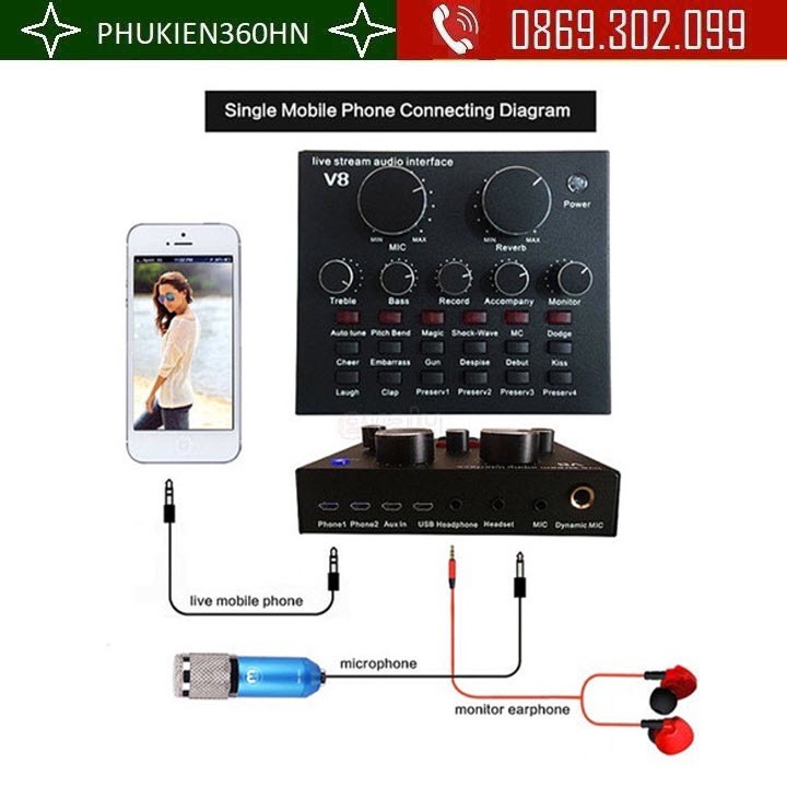 [Mã ELHACE giảm 4% đơn 300K] Sound Card Thu Âm Live Stream Hát Karaoke V8 Auto Tune