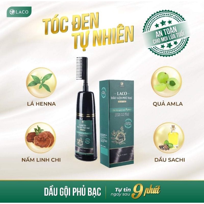 Dầu gội phủ bạc nhuộm tóc đen tự nhiên thảo dược Laco 200ml, an toàn cho bà bầu mẹ cho con bú