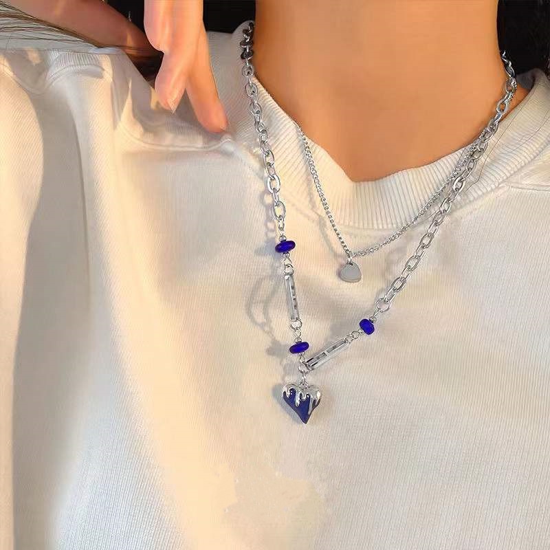 Vòng cổ Hai Lớp Mặt Hình Trái Tim Màu Xanh Dương Phong Cách Ngọt Ngào