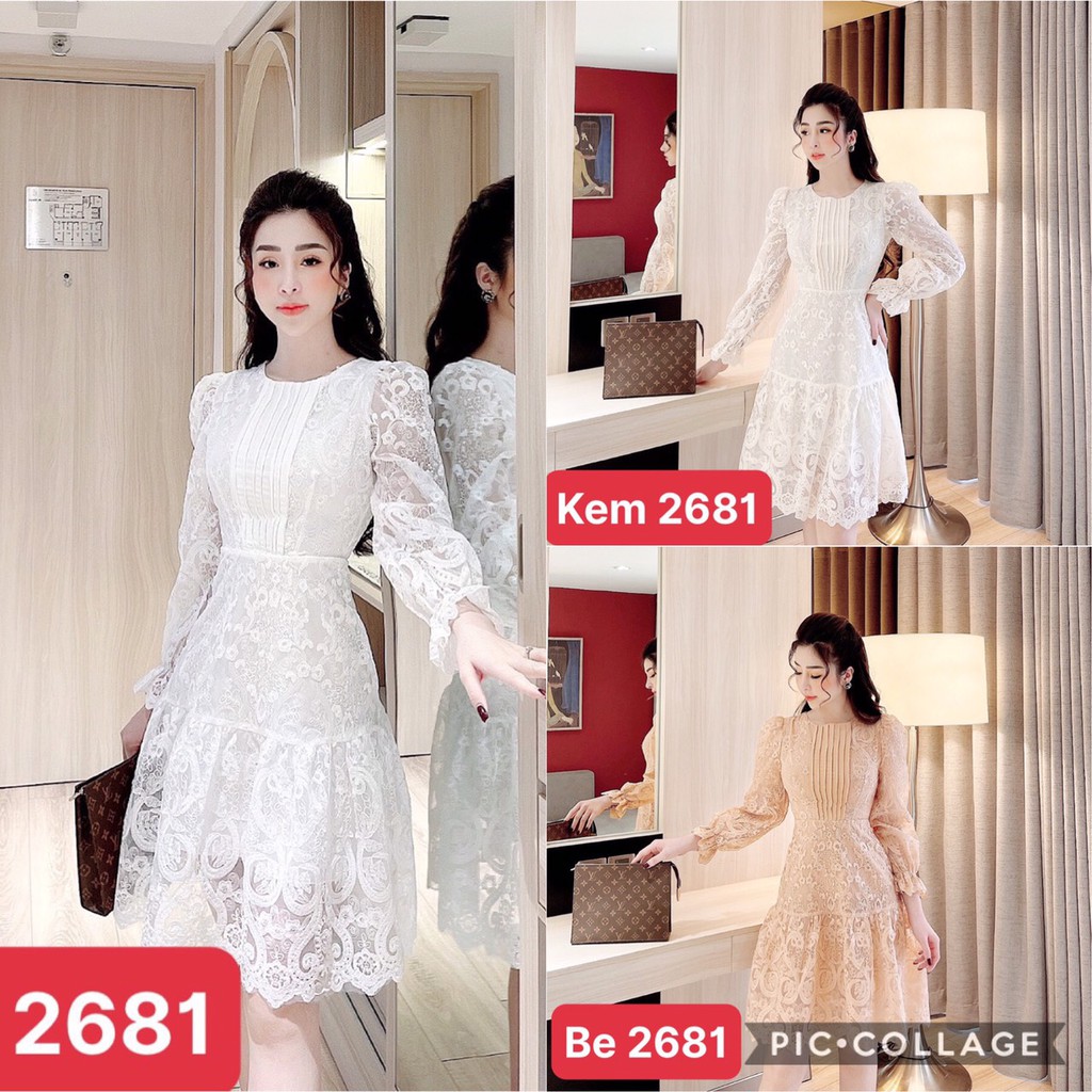 Váy/Đầm ren thêu xếp ly cổ tròn