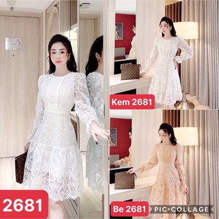 Váy/Đầm ren thêu xếp ly cổ tròn