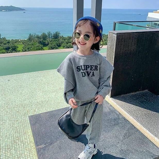 Bộ Quần Áo Cotton Dáng Rộng In Chữ Phong Cách Phương Tây Thời Trang Mùa Thu Cho Bé Gái