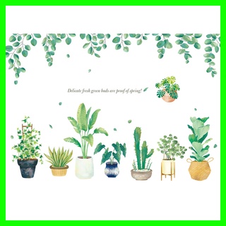 Decal dán tường tán lá+ chậu cây