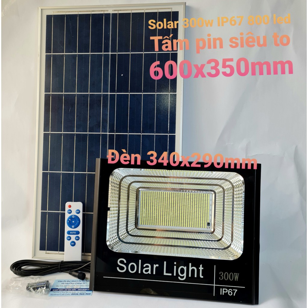 Đèn led pha năng lượng mặt trời 300w IP67 có remote tấm pin 600x350mm, dây nối dài 5m - Bảo hành 12 tháng
