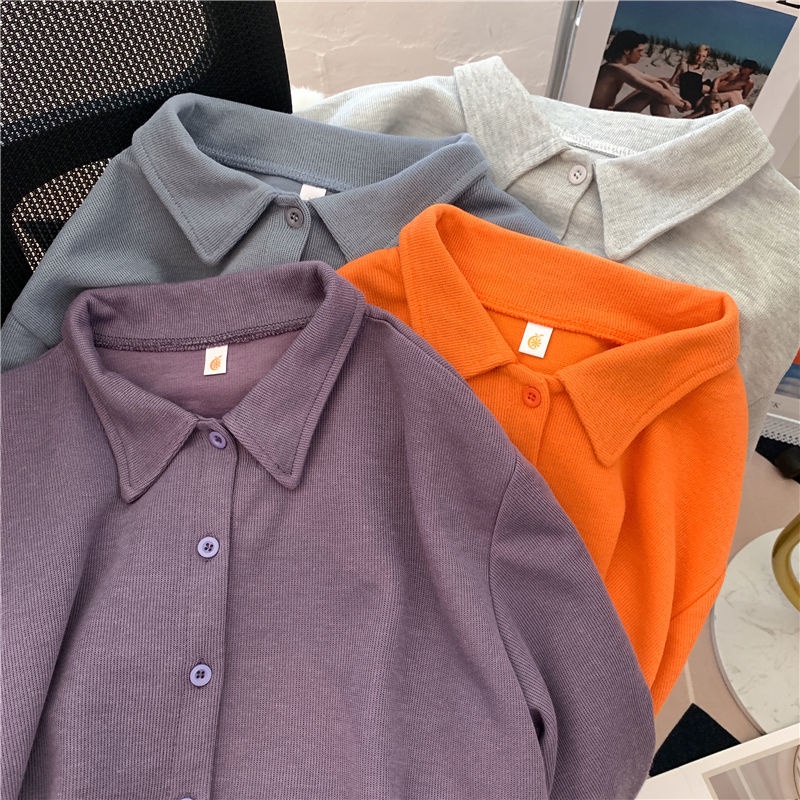 Áo Len Lửng Cổ Polo Dáng Rộng Màu Trơn Thời Trang Mùa Thu Phong Cách Hàn Quốc Mới Dành Cho Bạn Nữ