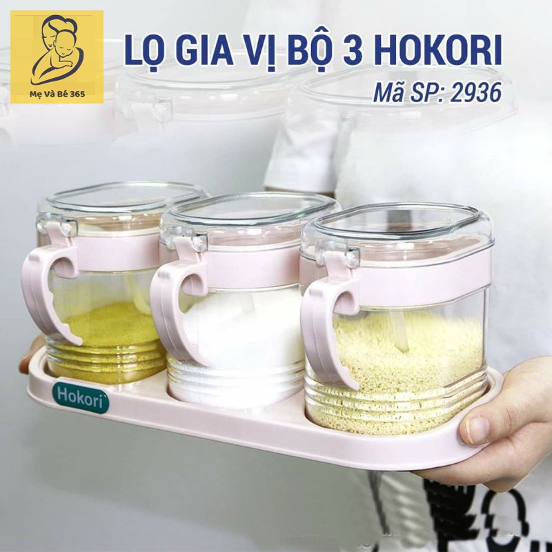 Bộ 3 lọ đựng gia vị Hokori kèm thìa và khay đựng tiện lợi nhựa Việt Nhật trong suốt, hũ gia vị có nắp 2936