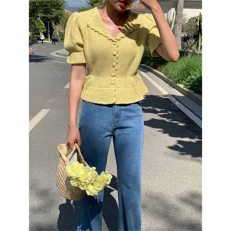 Áo Dệt Kim Tay Ngắn Phồng Phong Cách Hàn Quốc Thời Trang Cho Nữ