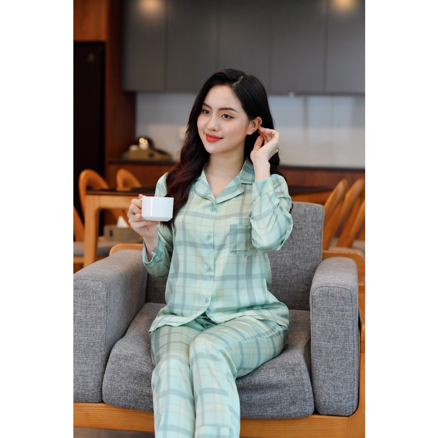 Bộ Mặc Nhà Pyjama Lụa Cao Cấp Tea Store Tay Dài Quần Dài Họa Tiết Caro Đỏ Sang Trọng