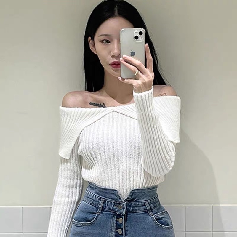 [Ảnh thật/Video] Áo len tăm kiểu mơi thiết kế cổ bẻ ulzzang Áo len tăm trễ vai Quảng Châu | BigBuy360 - bigbuy360.vn