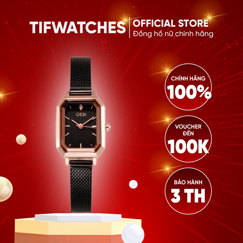 Đồng hồ nữ mặt vuông GEDI full black đồng hồ nữ mặt nhỏ dây kim loại phong cách Hàn Quốc Watchesbytif size 26mm