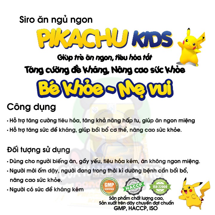 Thuốc bổ cho bé Pikachu Kids dạng siro giúp bé ăn ngon ngủ ngon tăng cường sức khỏe và sức đề kháng tăng cân hiệu quả