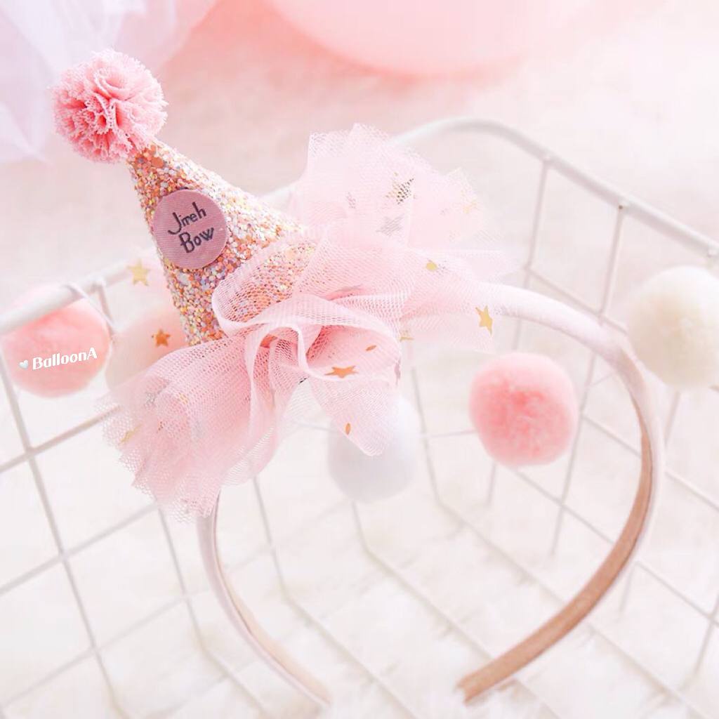 Bờm cài tóc hình nón ren màu hồng Party siêu xinh yêu