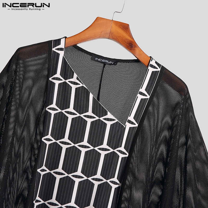 INCERUN Áo Choàng Kaftan Dài Dáng Rộng Tay Ngắn Trong Suốt Cho Nam Giới