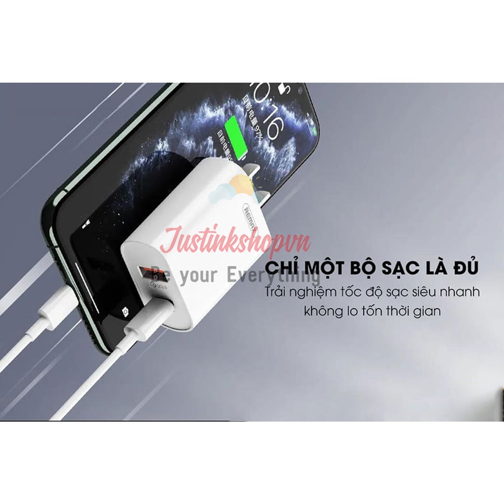 Cốc sạc nhanh Remax RP-U37 2 cổng USB tích hợp QC 3.0 và PD 18W (Sạc nhanh cho iPhone) - JLVQ-5144-CSRM