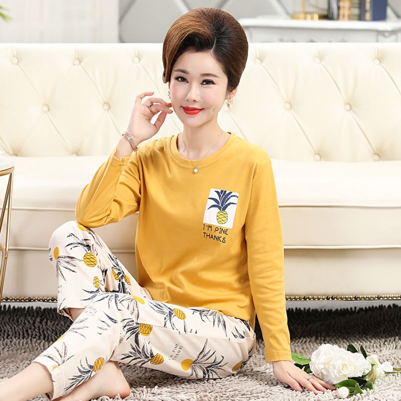 Đồ ngủ & Đồ mặc nhà✙Bộ đồ ngủ mẹ nữ cotton xuân thu trung niên và người già phục vụ tại nhà dài tay plus size