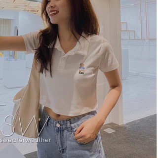 Áo Croptop Polo - Áo Croptop Cổ Bẻ Nữ Thêu Gấu Ulzzang - Áo thun kiểu ôm chất liệu cotton năng động và trẻ trung SO24