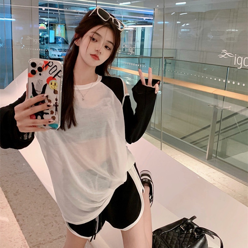 Áo Thun Tay Dài Dáng Rộng Hở Vai Phối Màu Tương Phản Thời Trang Mùa Hè Dành Cho