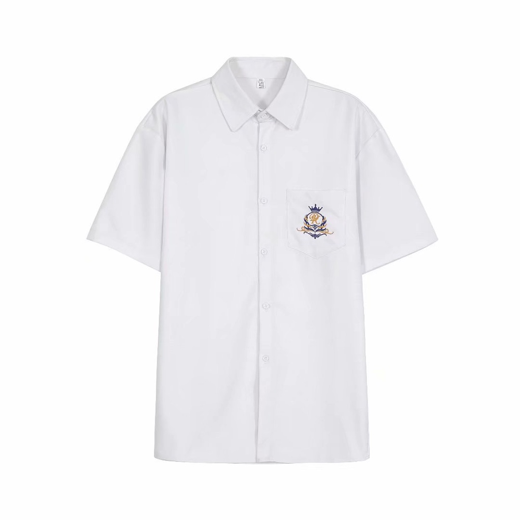 Áo Sơ Mi Đồng Phục Ngắn Tay Màu Trắng Họa Tiết Thêu Đơn Giản Cho Nam