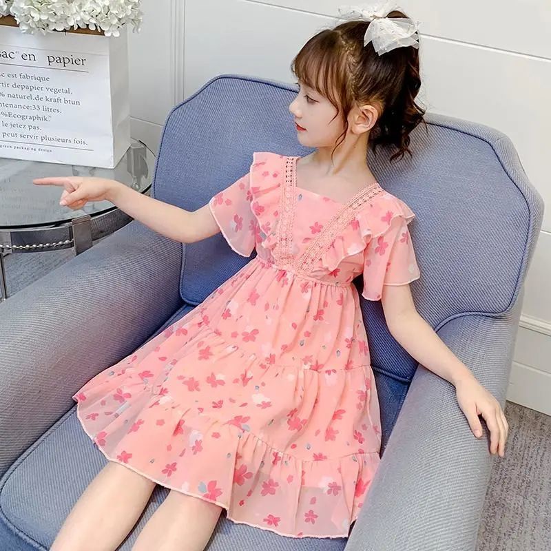 Đầm công chúa vải chiffon tay ngắn in hoa thời trang mùa hè 2021 cho bé gái
