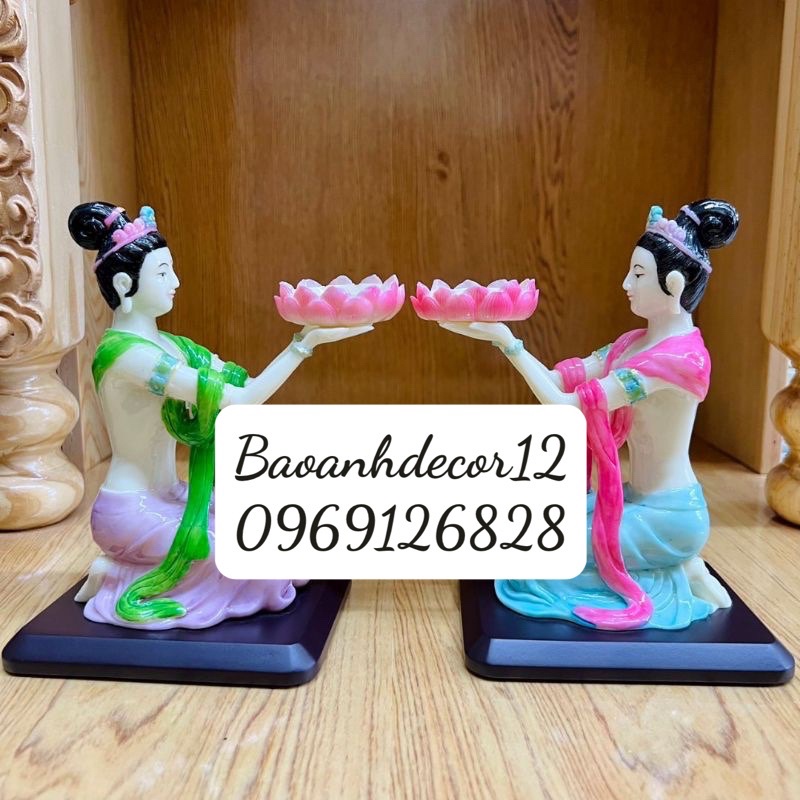 Cặp tượng tiên nữ dâng đèn, cô tiên đang đèn đường nét sắc sảo chất liệu sứ cao cấp