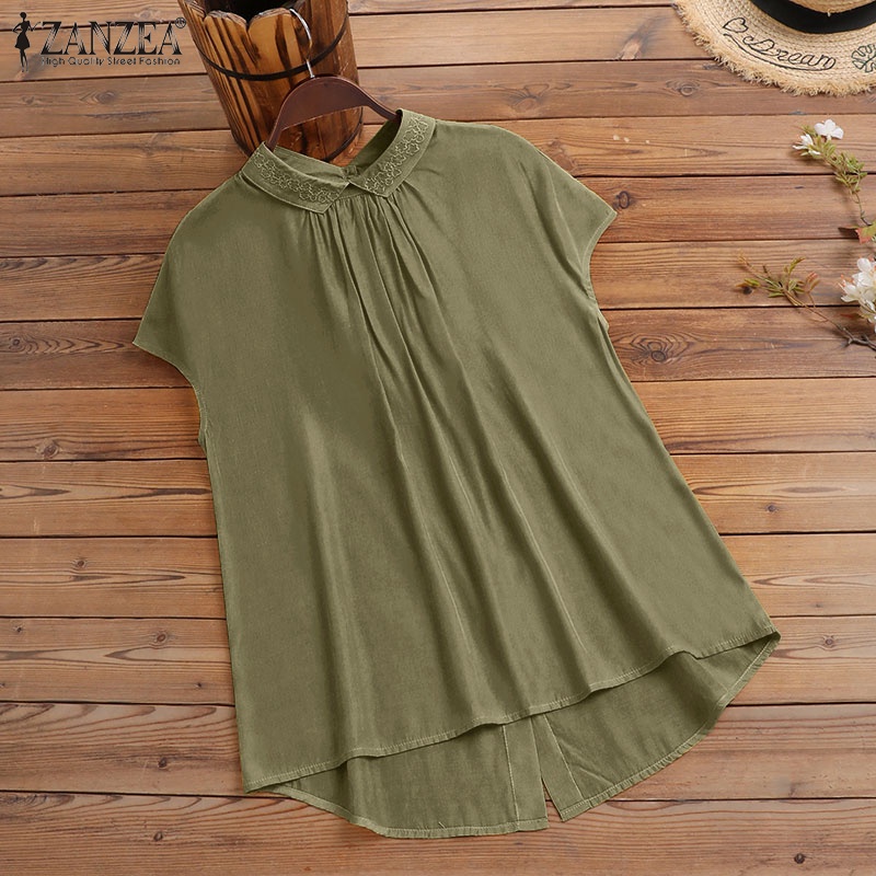 Áo sơ mi Zanzea cổ bẻ cài nút thêu họa tiết màu trơn đáng yêu cho nữ