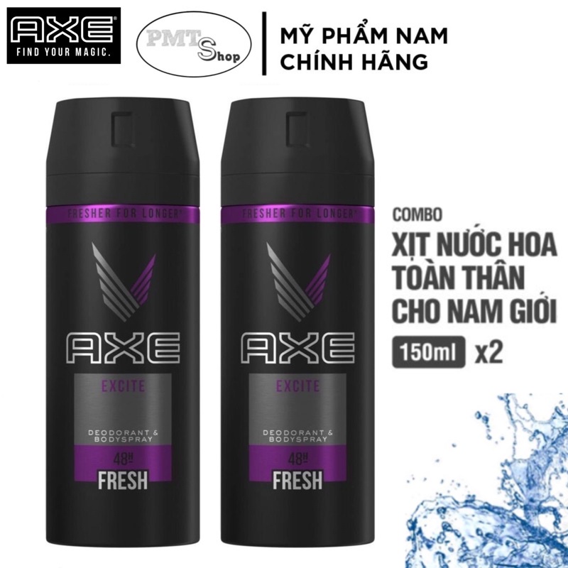 Combo 2 Xịt khử mùi toàn thân nam AXE Excite 150ml x 2 chai hương nước hoa