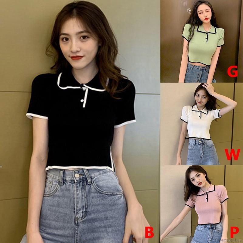 Áo thun dệt kim nữ tay ngắn phối màu thời trang