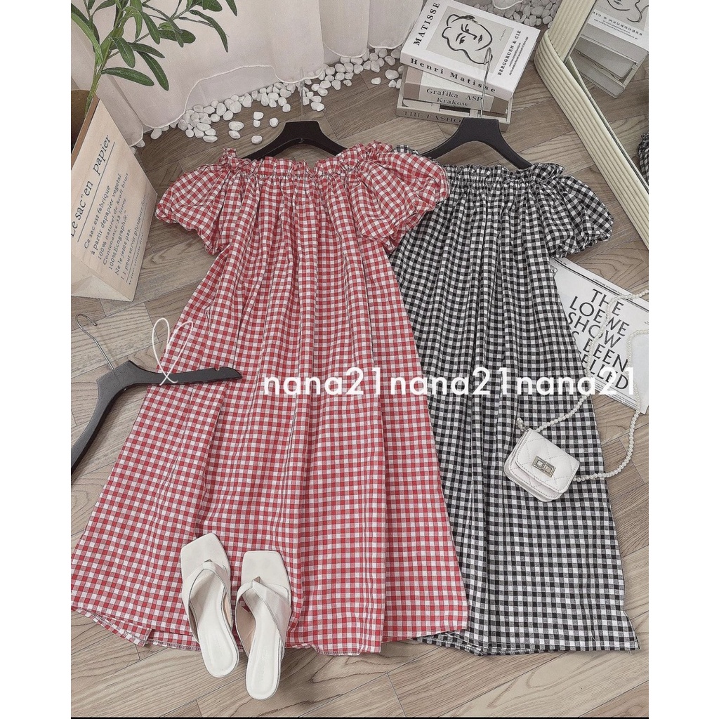 Váy kẻ maxi babydoll dài 110cm, đầm đi biển trễ vai dáng suông