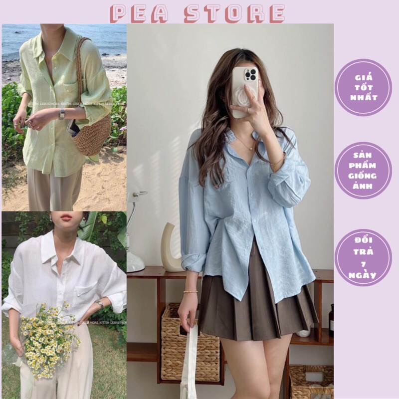 Áo sơ mi đũi nhăn túi ngực đính cúc Pea Store - Sơ mi đũi dài tay Hàn Quốc túi vạt (Ảnh thật)