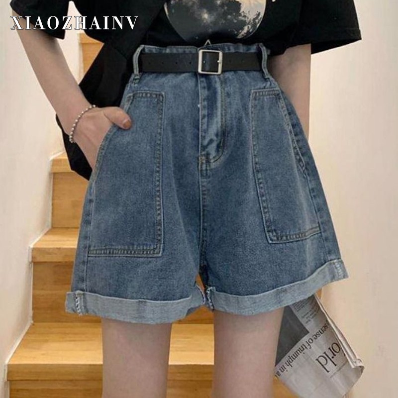 Quần Short Xiaozhainv Denim Lưng Cao Phong Cách Hàn Quốc Retro Cho Nữ